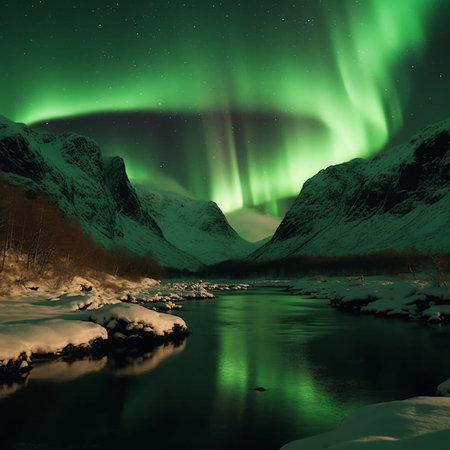 Northern lights over the fjord in winter. AI generatedの素材