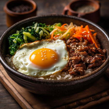 Bibimbap with rice, fried egg and vegetables on wooden background. AI generatedの素材
