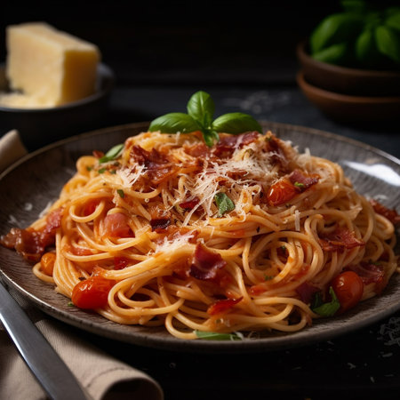 Spaghetti Carbonara with bacon, parmesan cheese and tomato sauce. AI generatedの素材