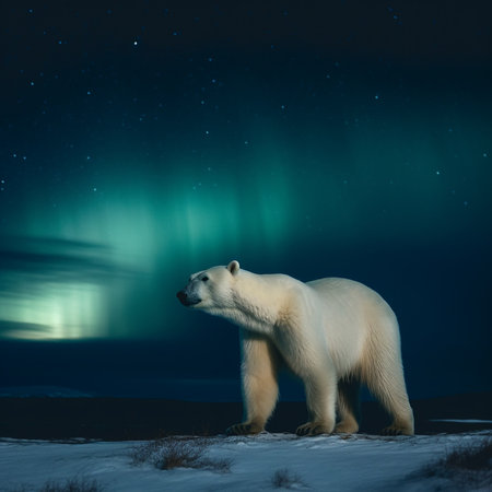 Polar bear on the north pole at night.の素材