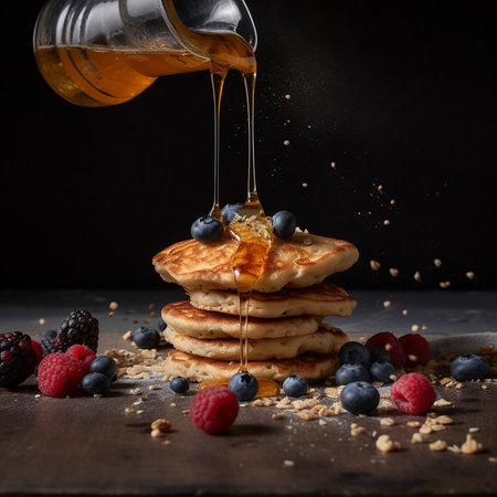 Pouring maple syrup on stack of pancakes with berries, black backgroundの素材