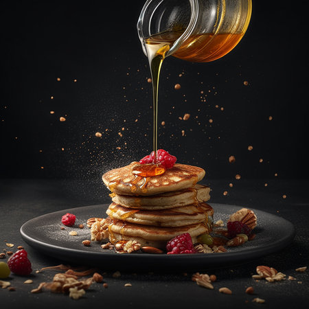 Pancakes with honey, nuts and berries on a black backgroundの素材