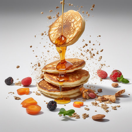 Pancakes with honey and nuts on a gray background.の素材