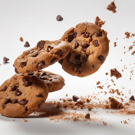 Chocolate chip cookies falling and splashing on a white background. AI generatedの素材