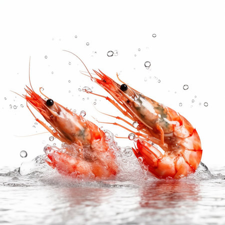 Shrimps in water with bubbles, isolated on white background. AI generatedの素材