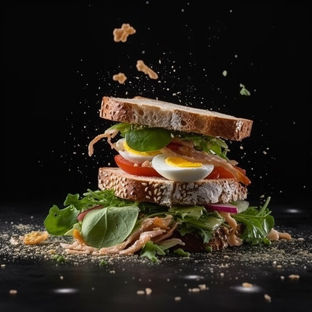 Sandwich with chicken and vegetables on a black backgroundの素材