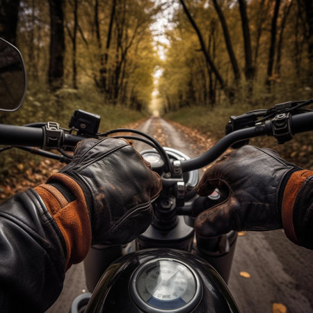 Biker in black leather jacket riding a motorcycle in autumn forest.の素材