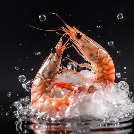 Shrimps, prawns on ice with water drops on black backgroundの素材