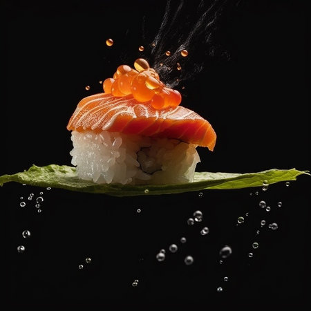 Sushi roll with salmon on a black background with water drops.の素材