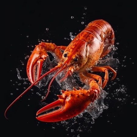 Lobster with splashes of water on a black background.の素材