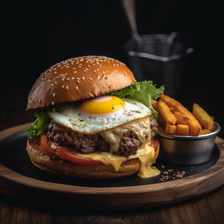 Cheese burger - American cheese burger with fresh salad and fried egg. AI generatedの素材