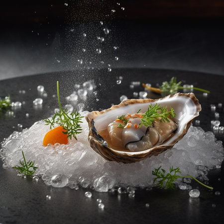 Fresh oyster with ice on black background. Seafood restaurant menu. AI generatedの素材