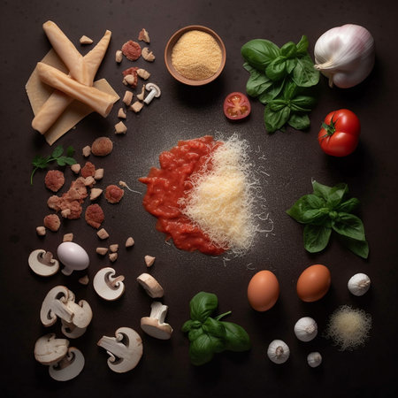 Composition with ingredients for cooking pasta on dark background, top view. AI generatedの素材
