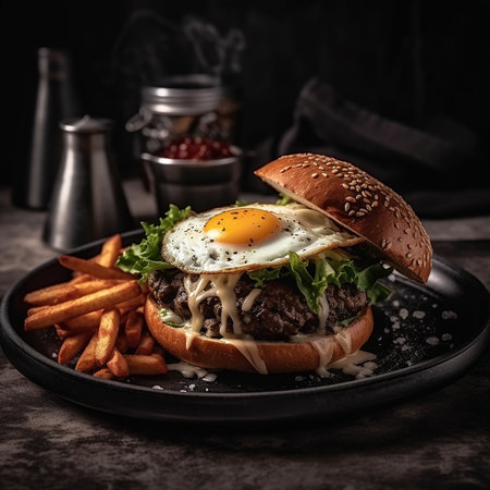 Cheese burger - American cheese burger with fresh salad and fried egg. AI generatedの素材