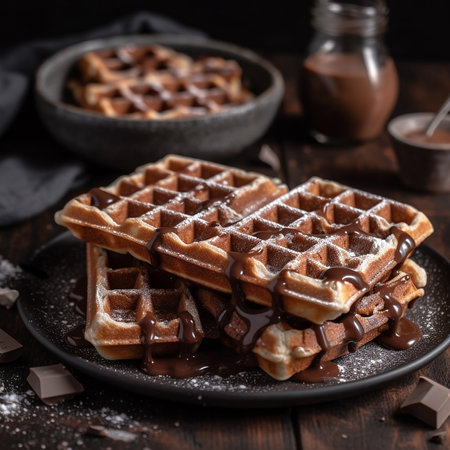 Belgian waffles with chocolate and caramel on a dark wooden background. AI generatedの素材
