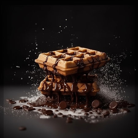 Belgian waffles with chocolate and cocoa powder on a black background. AI generatedの素材