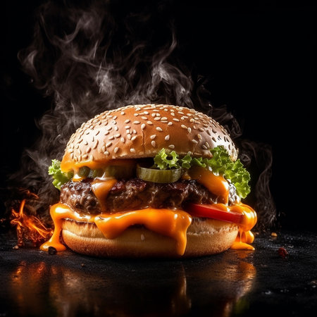 Big tasty cheeseburger on a black background with smoke. Close-up. AI generatedの素材