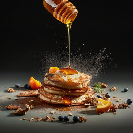 Pancakes with orange and blueberry and honey on black background. AI generatedの素材