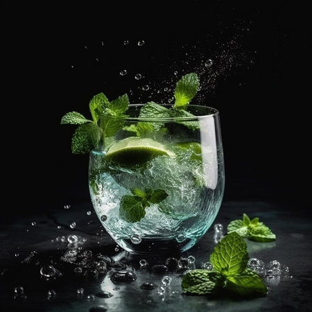 Mojito cocktail with lime, mint and ice on black background. AI generatedの素材