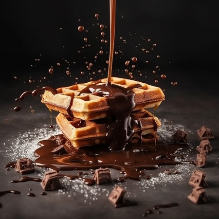 Chocolate pouring on belgian waffles with chocolate drops on dark background. AI generatedの素材