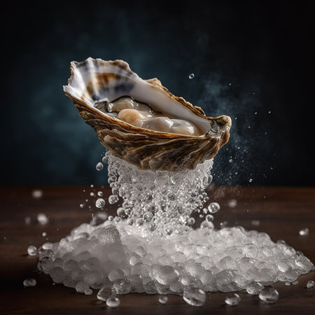 Opened fresh oyster shell with ice on wooden table over dark background. AI generatedの素材