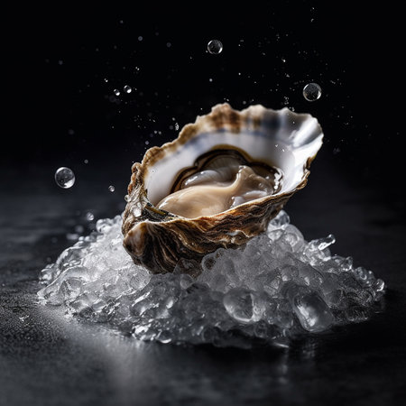 Fresh oyster with ice cubes on black background. Shallow depth of field. AI generatedの素材