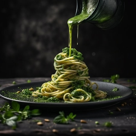 Spaghetti with pesto sauce and basil on a black plate. AI generatedの素材