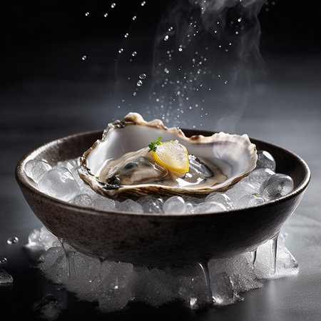 Fresh oysters with ice and lemon on black background. Seafood. AI generatedの素材