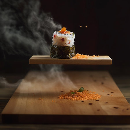 sushi on a wooden board with smoke on a dark background. AI generatedの素材