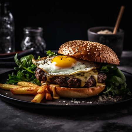 Cheese burger - American cheese burger with fresh salad and fried egg. AI generatedの素材