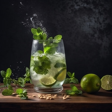 Mojito cocktail with lime, mint and ice on wooden background. AI generatedの素材