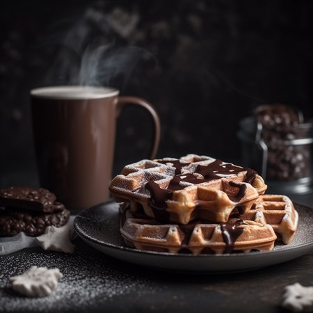 Belgian waffles with chocolate and cup of coffee on dark background. AI generatedの素材