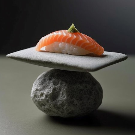 Salmon nigiri sushi on gray stone over black background, Japanese food. AI generatedの素材