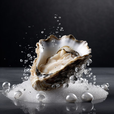 Fresh oyster with water drops on black background. Shallow depth of field. AI generatedの素材