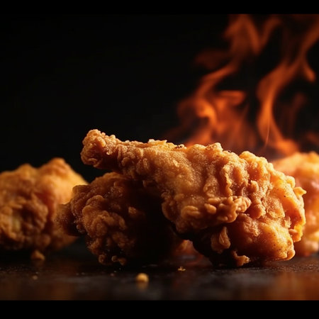 Fried chicken on a black background with flames. Fast food. AI generatedの素材