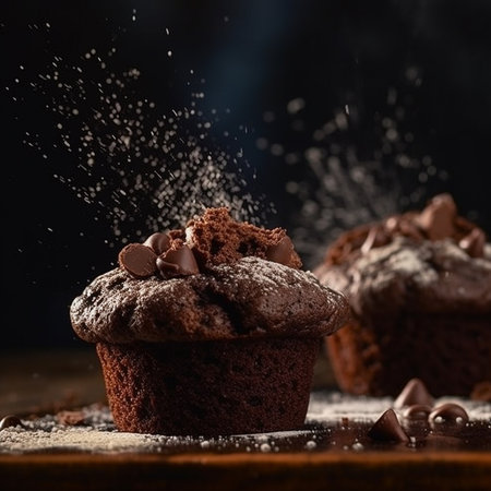 Chocolate muffins sprinkled with powdered sugar on a dark background. AI generatedの素材