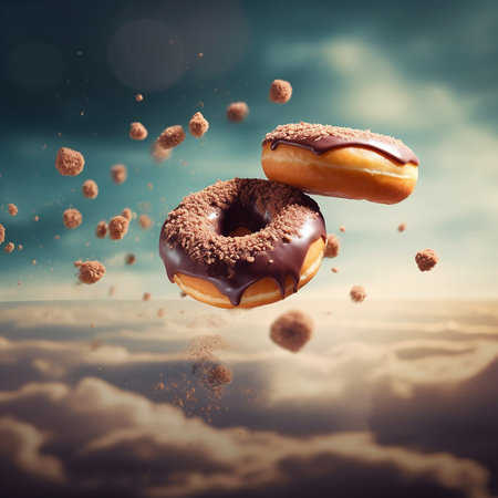 Flying donuts on sky background. AI generatedの素材