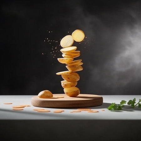 Potato chips falling into the air on a wooden cutting board on a dark background AI generatedの素材