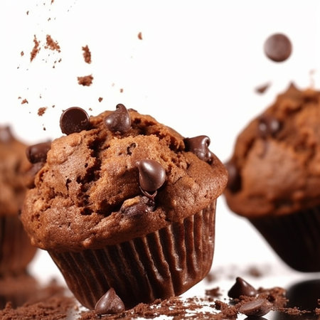 Chocolate muffins falling on white background. Shallow dof. AI generatedの素材