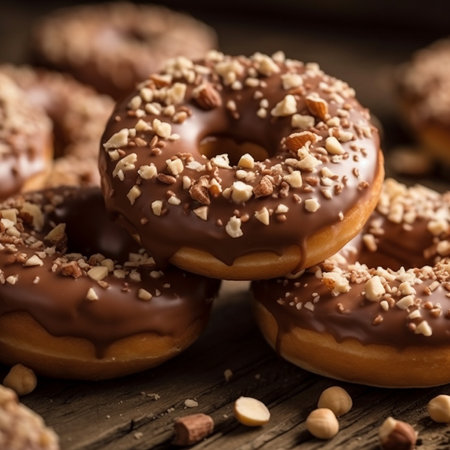 Donuts with chocolate icing and nuts on wooden background. Select focus. AI generatedの素材