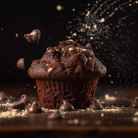 Chocolate muffin with splashes of chocolate on a wooden table AI generatedの素材