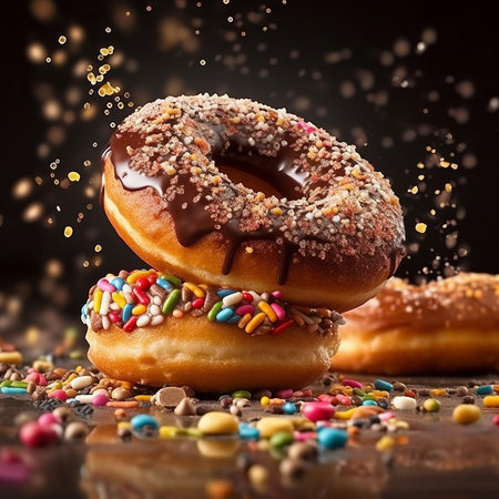 Delicious donuts with icing and sprinkles on a dark background AI generatedの素材