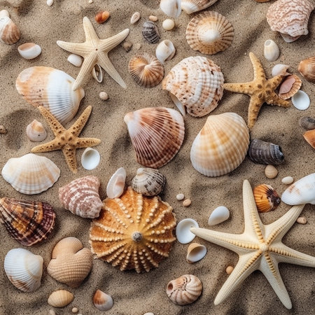 Seashells and starfish on the sand. Summer background. AI generatedの素材