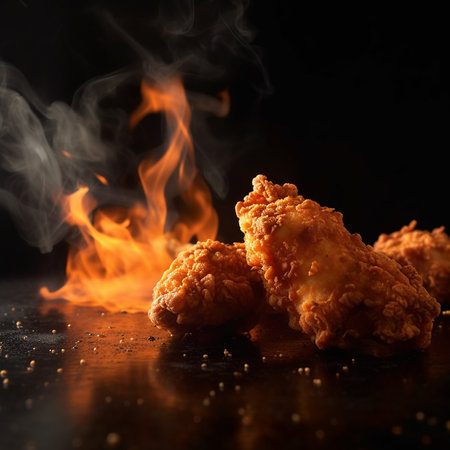 Fried chicken on a black background with smoke. Close-up. AI generatedの素材