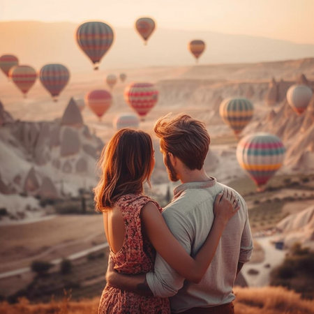 Couple in love enjoying hot air balloon flight in Cappadocia, Turkey. AI generatedの素材