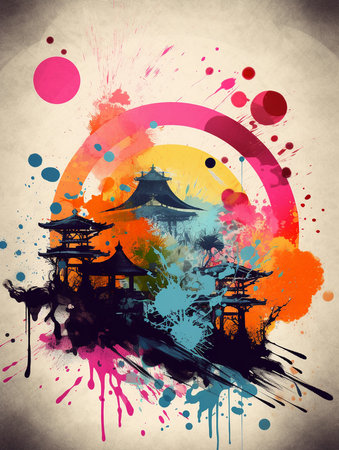Abstract watercolor background with japanese temple. Vector illustration. AI Generativeの素材