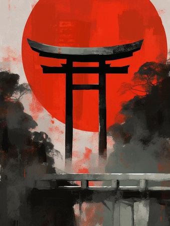 Japan traditional gate on the background of red moon. Digital painting. AI Generativeの素材