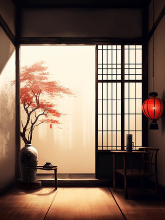 Chinese style room with window and japanese style. AI Generativeの素材
