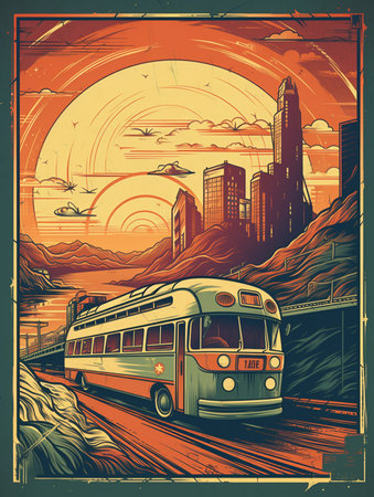 Train on the background of the sunset. Vector illustration in retro style. AI generatedの素材