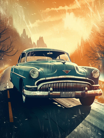 Vintage car on the road in the forest. AI generatedの素材